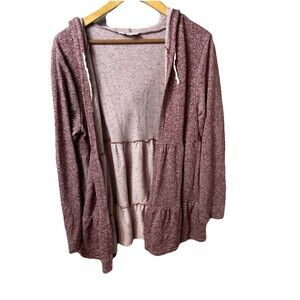 Zig Zag Stripe Maroon Sweater Hood Open Jacket No Closure Tiered Ruffle Cardigan